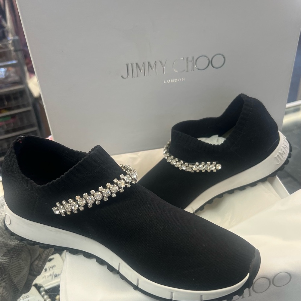 Jimmy Choo Black Sneakers with Crystal Embellishments. 0288